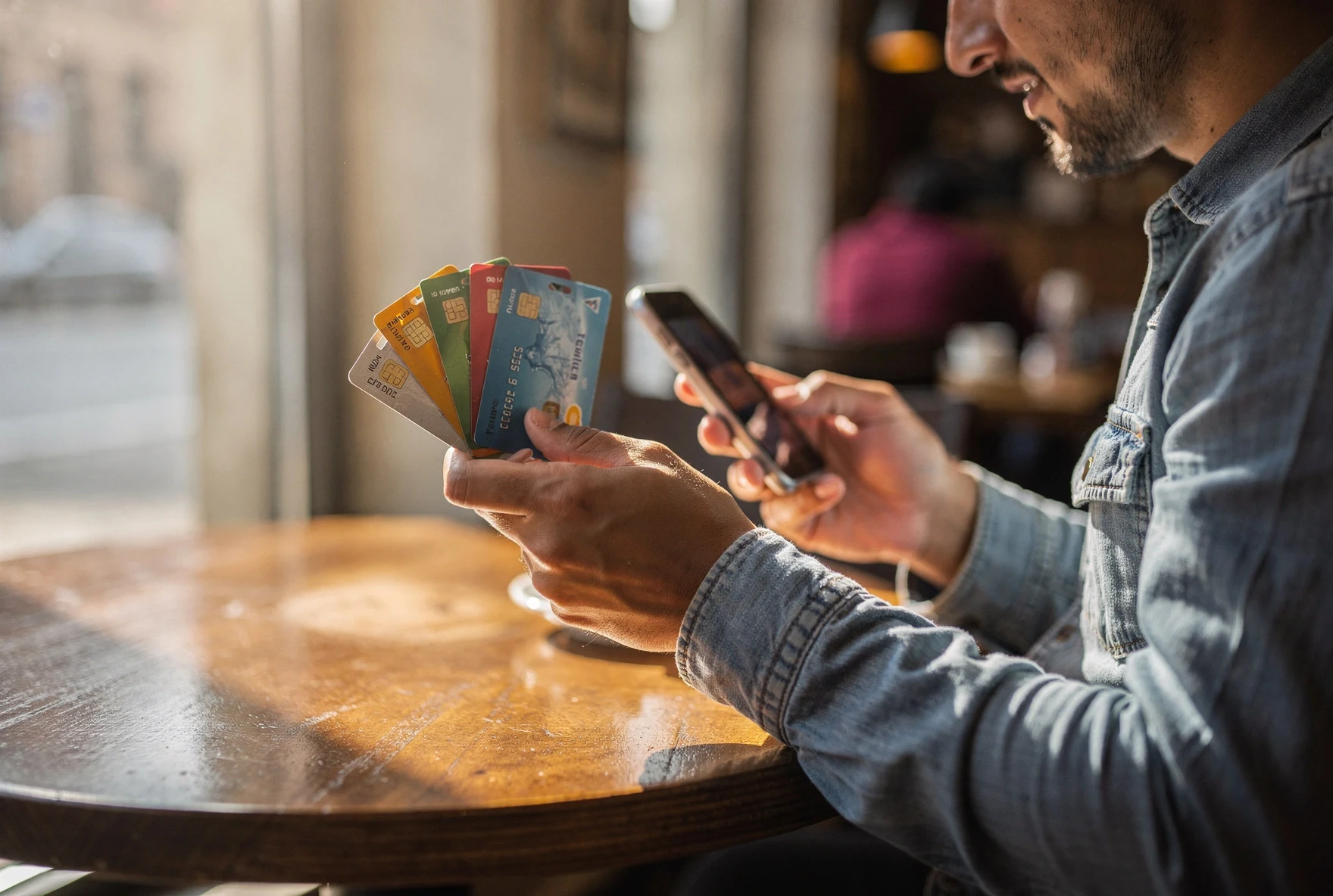 Bank cards and smartphone at a café table in Tbilisi