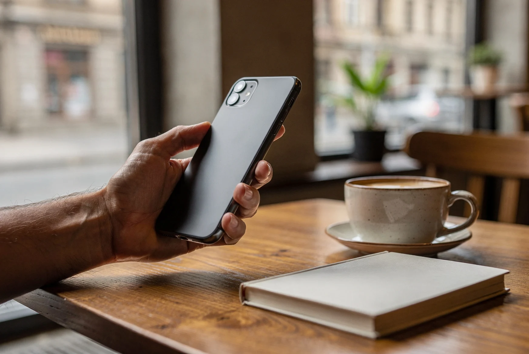 Using a smartphone in a Tbilisi cafe as part of day-to-day mobile banking in Georgia