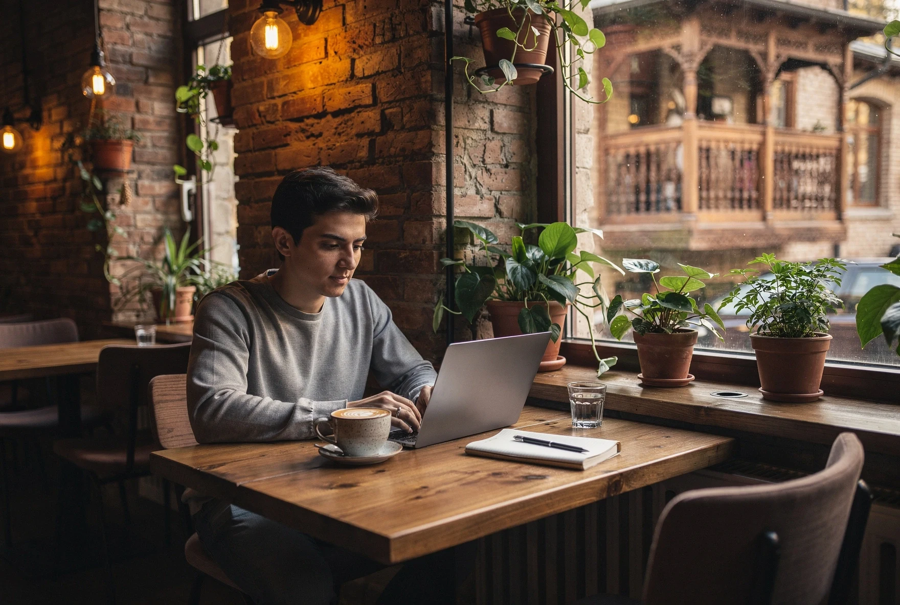 Person working on a laptop at a cozy café in Tbilisi