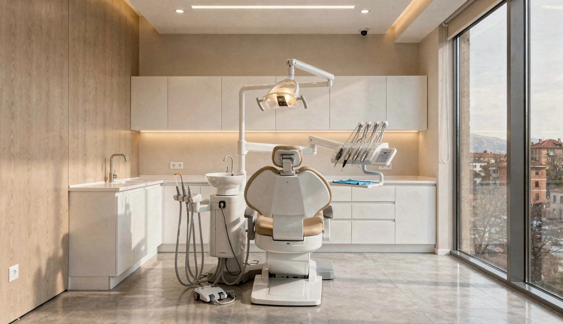 Modern dental clinic treatment room in Tbilisi with natural light and city views