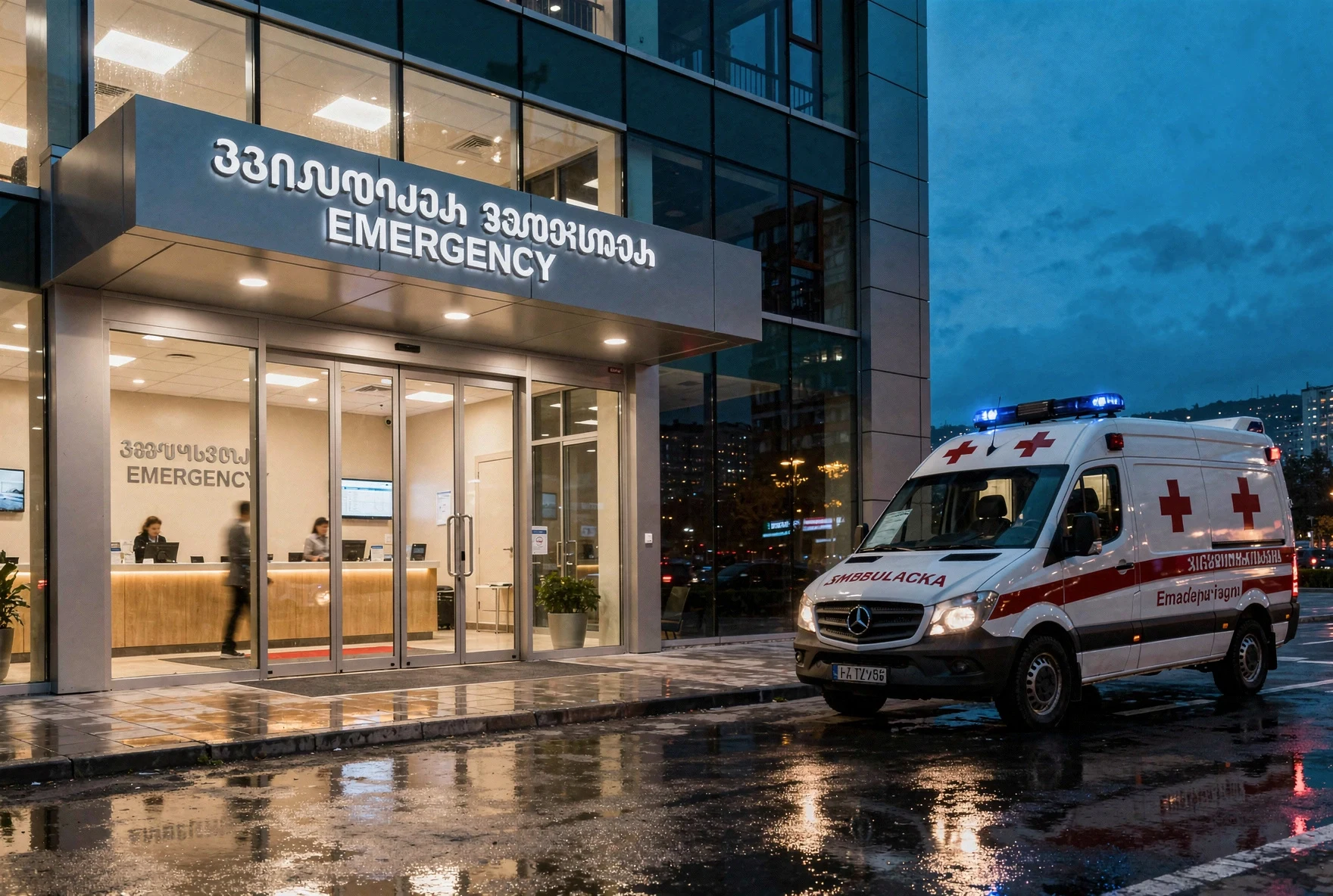 Modern hospital emergency entrance in Tbilisi at dusk with ambulance parked outside