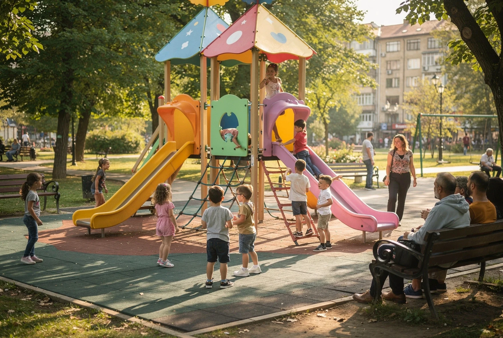 Children playing on a colorful playground in a Tbilisi park with parents watching from nearby benches