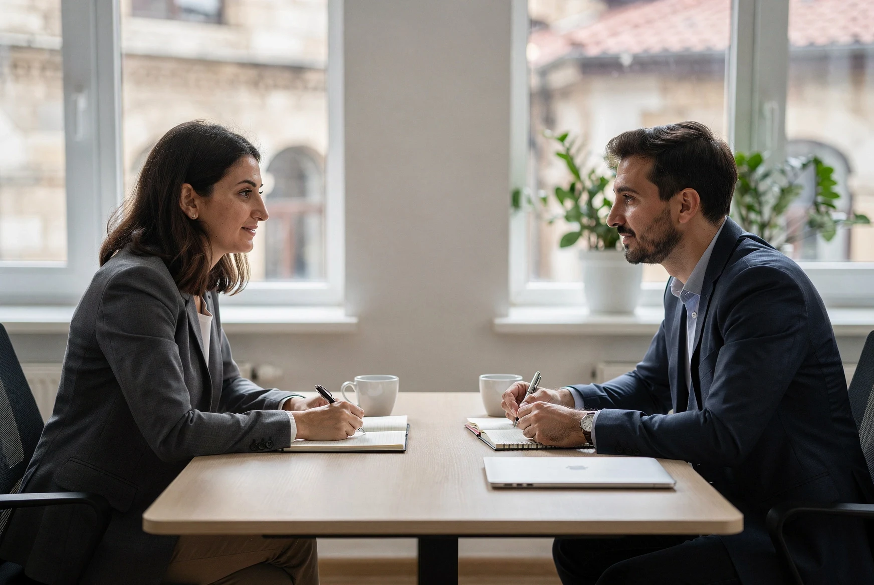 Employer and foreign professional meeting in a bright Tbilisi office