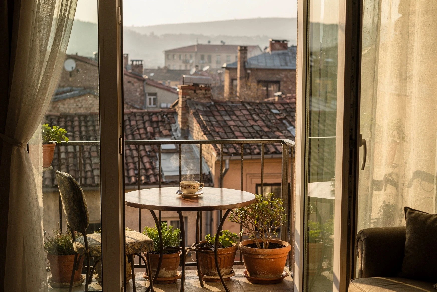 Apartment balcony overlooking Tbilisi rooftops