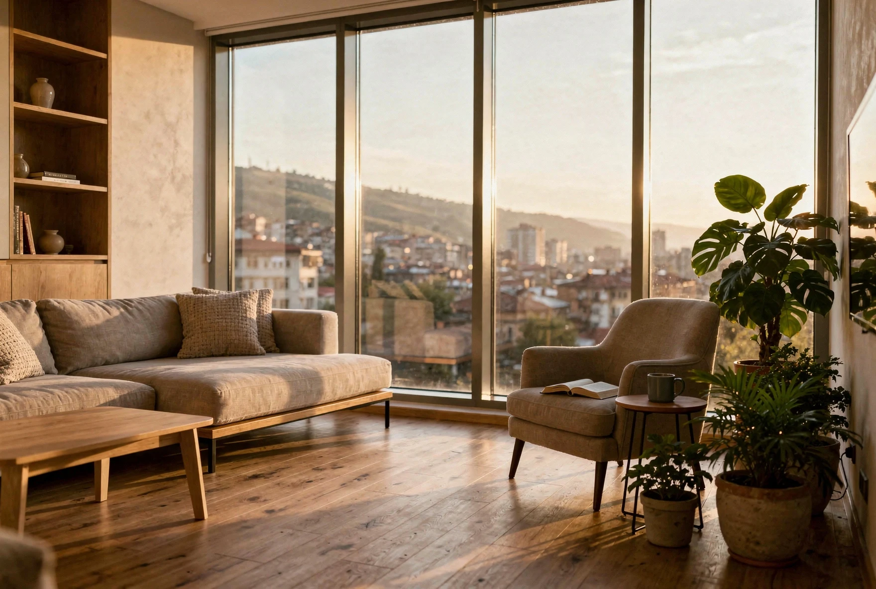 Modern apartment interior in Tbilisi with large windows overlooking the city