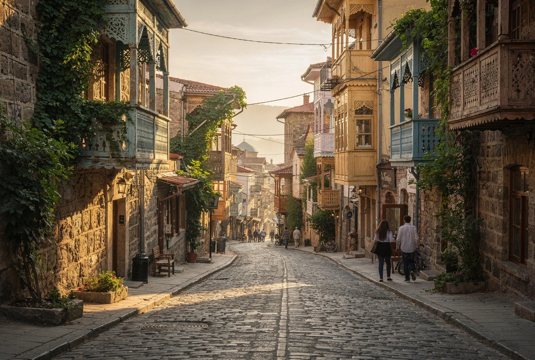 Cobblestone street in Tbilisi with traditional wooden balconies