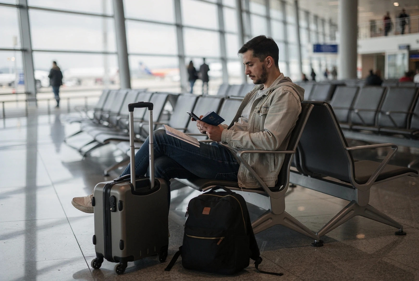 Traveler waiting at an airport with phone, luggage, and travel documents