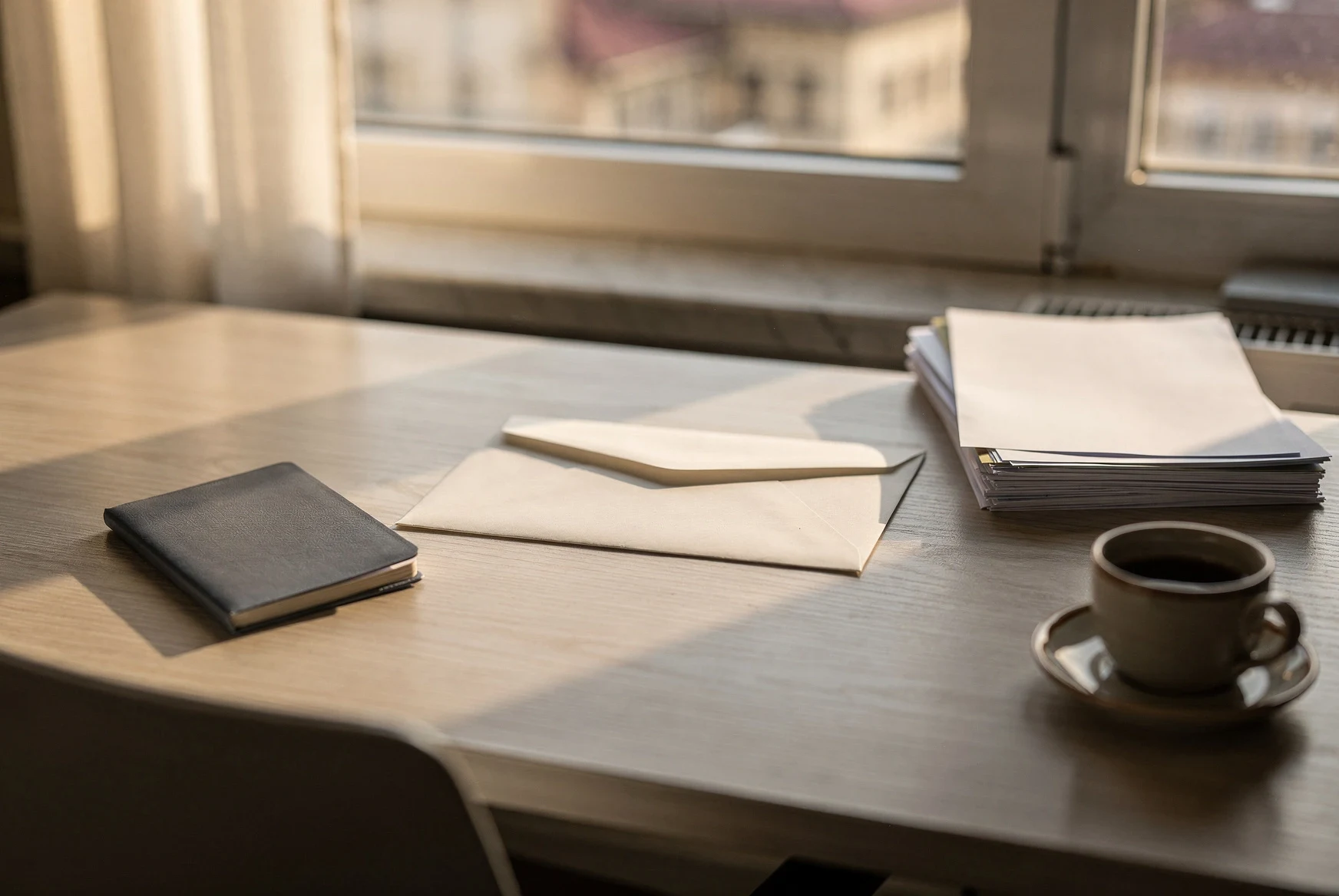 Organized desk with passport, envelopes, and paperwork for official document processing