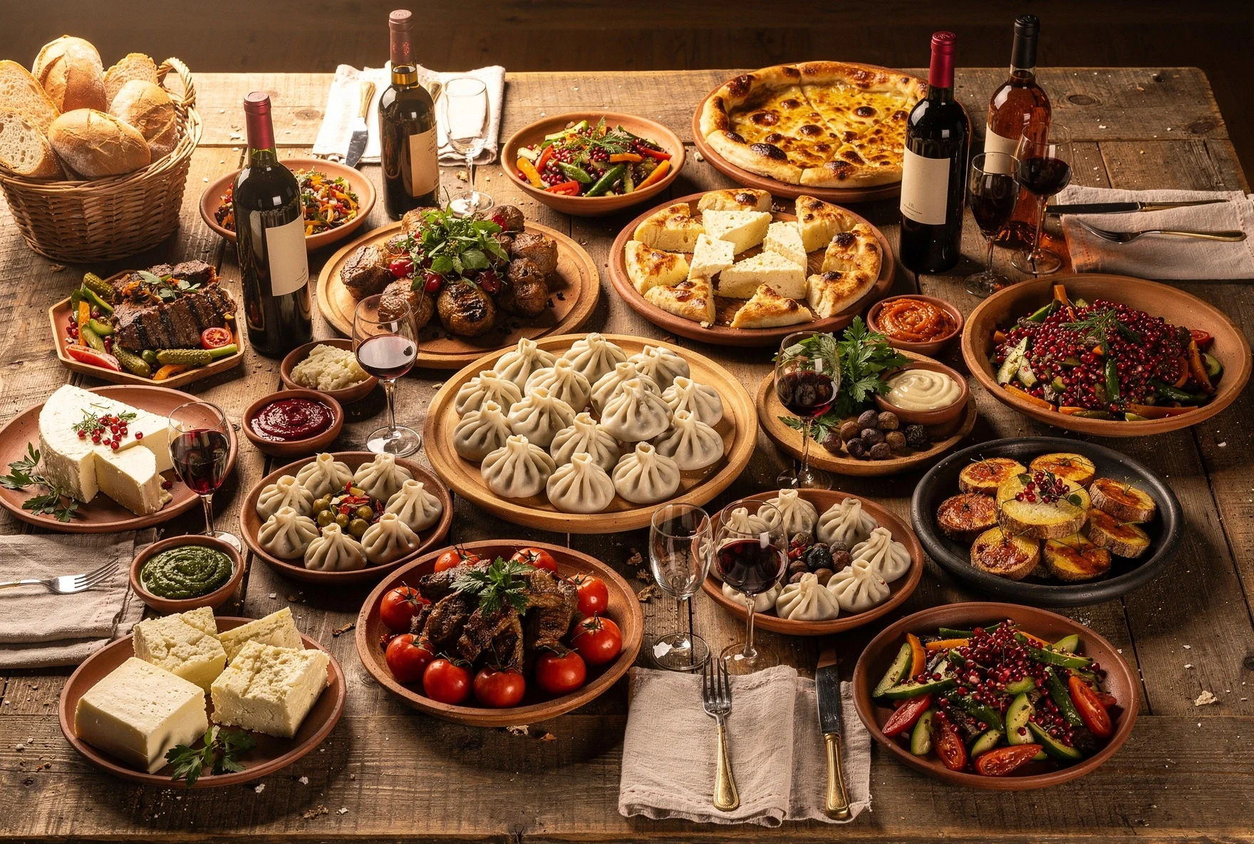 Traditional Georgian feast table set for a wedding celebration with wine and food