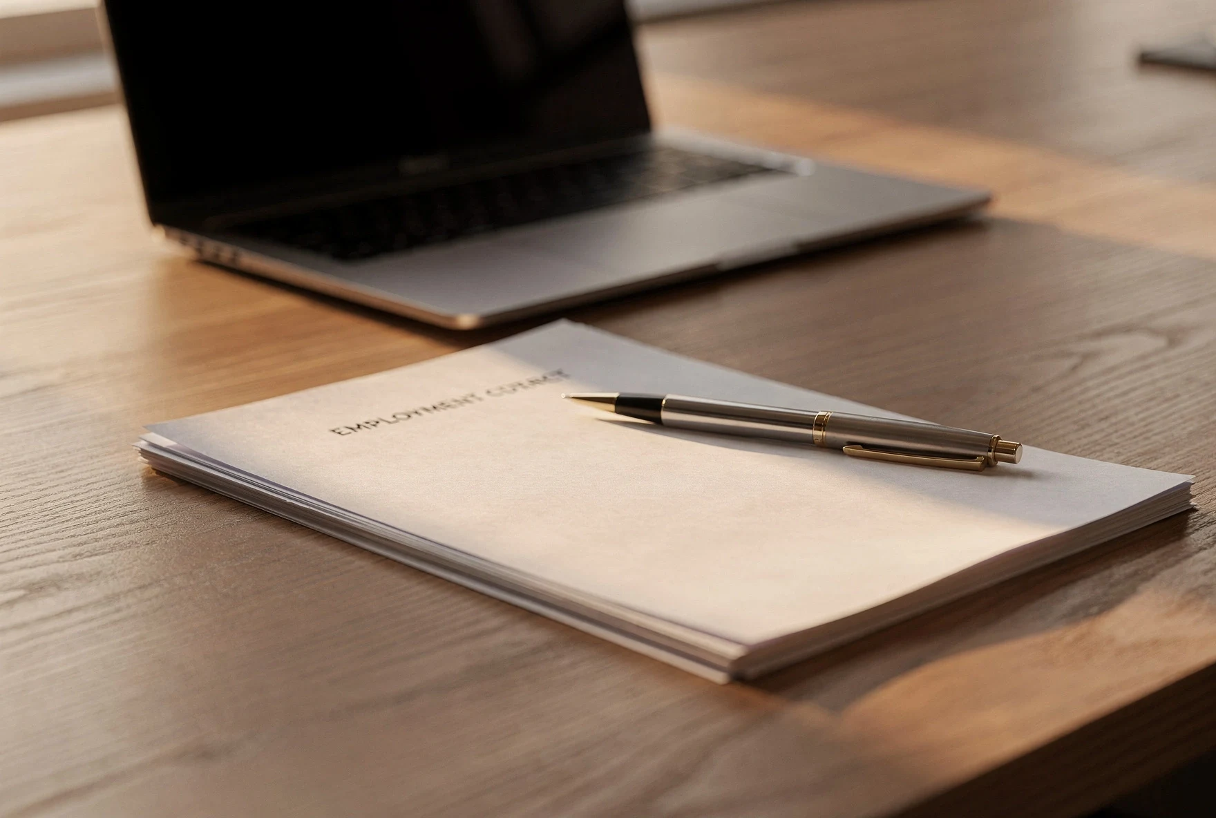Business documents and pen on a wooden desk with laptop in soft natural light
