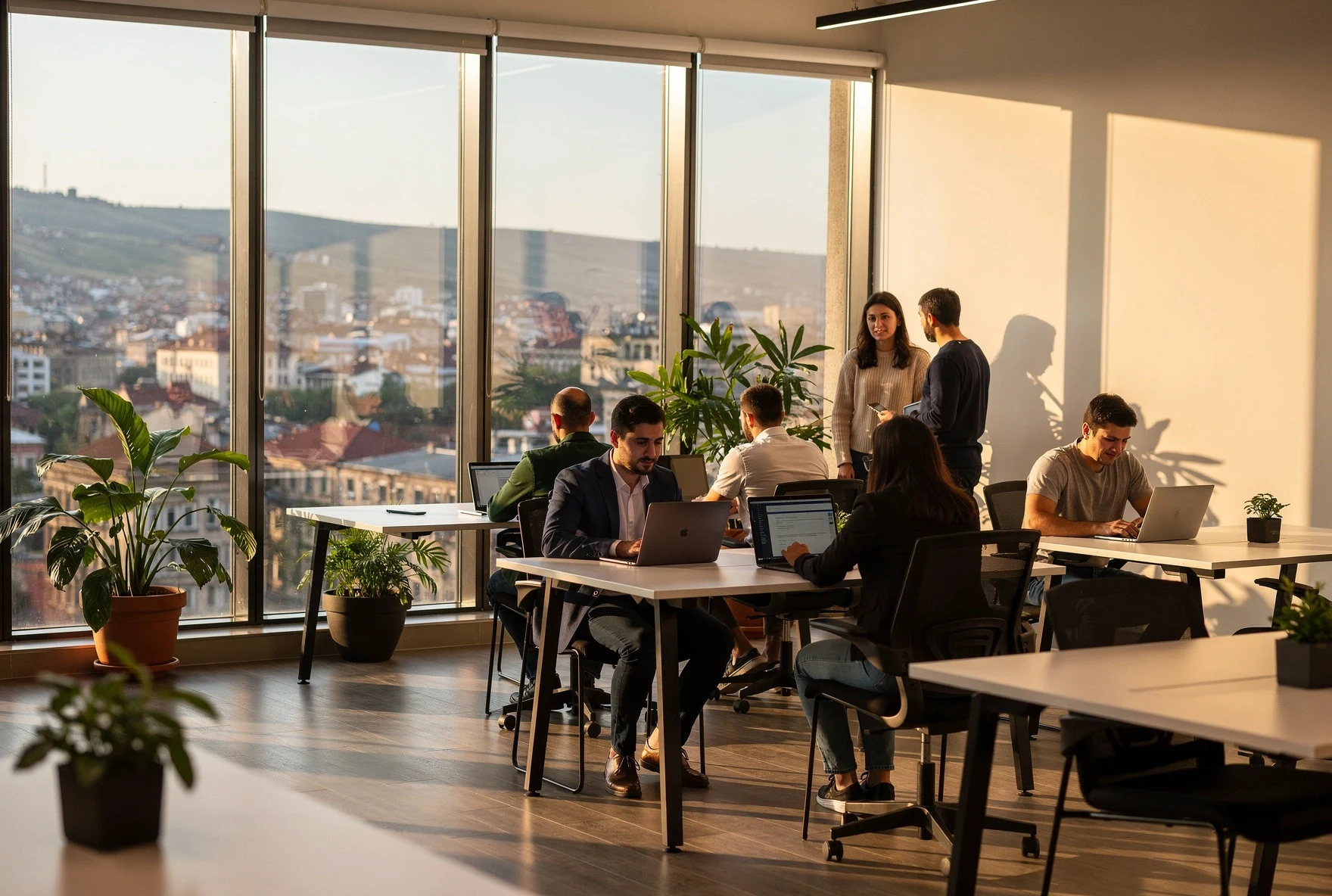 Modern coworking office space in Tbilisi with people working at desks near large windows