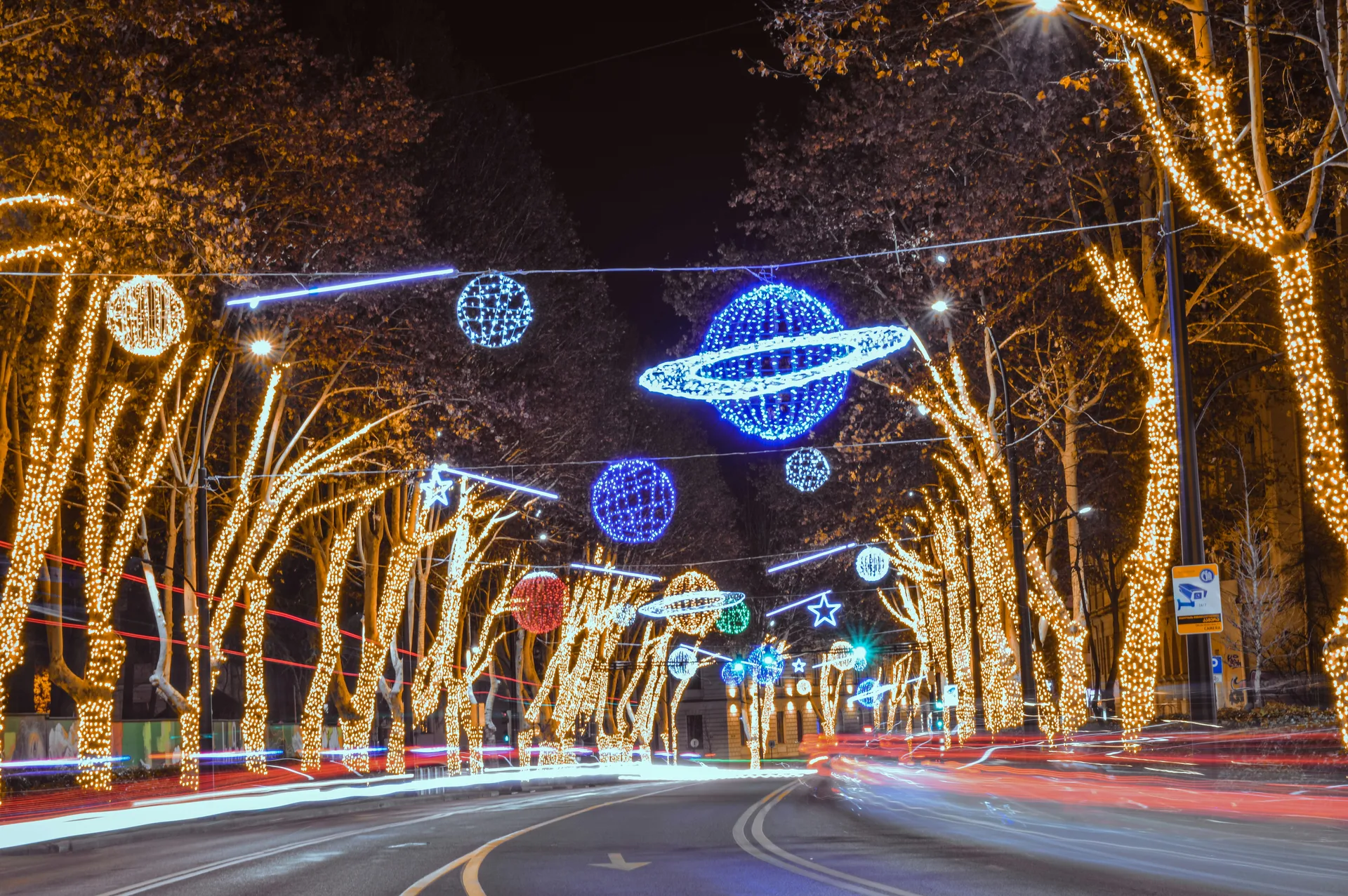 Festive Christmas lights decorating a Tbilisi street at night