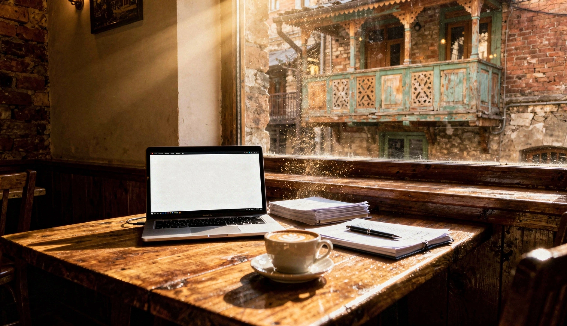 Desk with insurance documents, keys, and coffee in Tbilisi