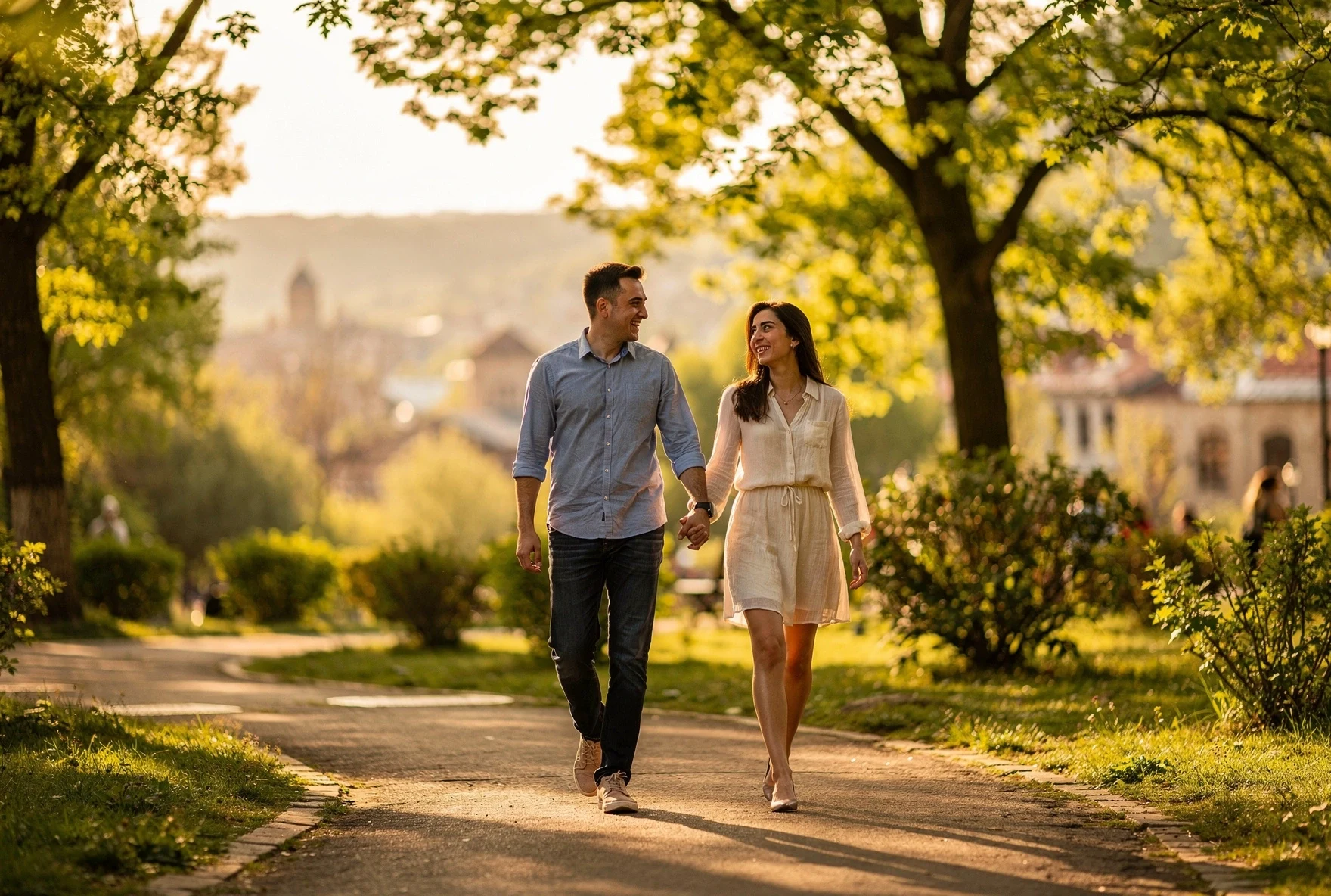 Couple walking through a sunny park in Tbilisi at golden hour