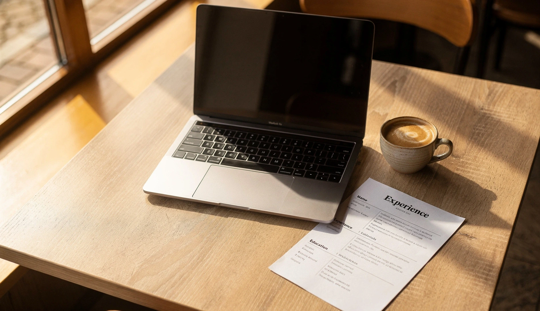 Laptop, coffee, and CV documents on a wooden table in a bright Tbilisi café