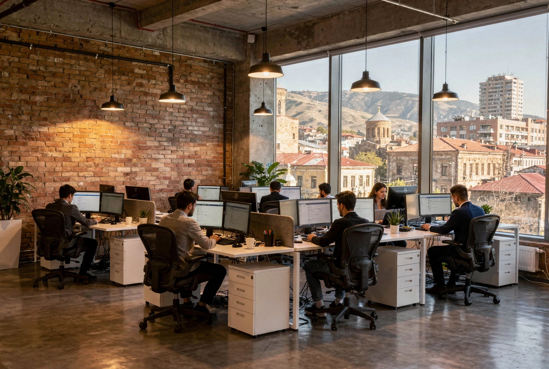 Modern open-plan office in Tbilisi with exposed brick walls and city views