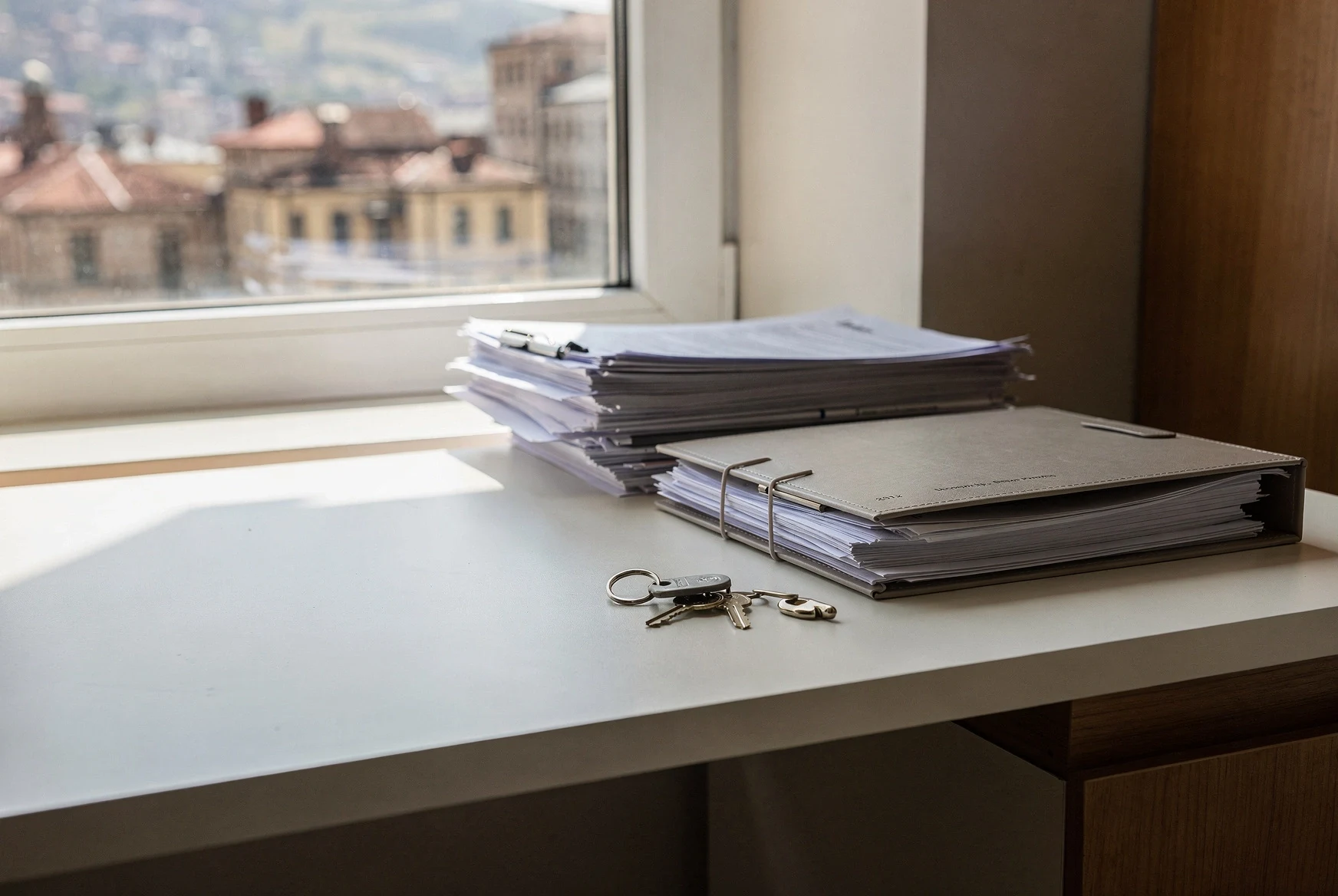 Desk with paperwork and keys representing the administrative side of choosing a legal address in Georgia