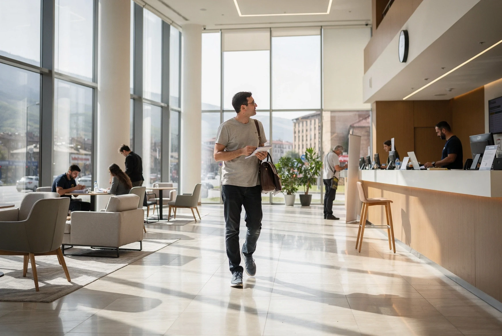 Modern civic service hall interior in Tbilisi with a person carrying documents