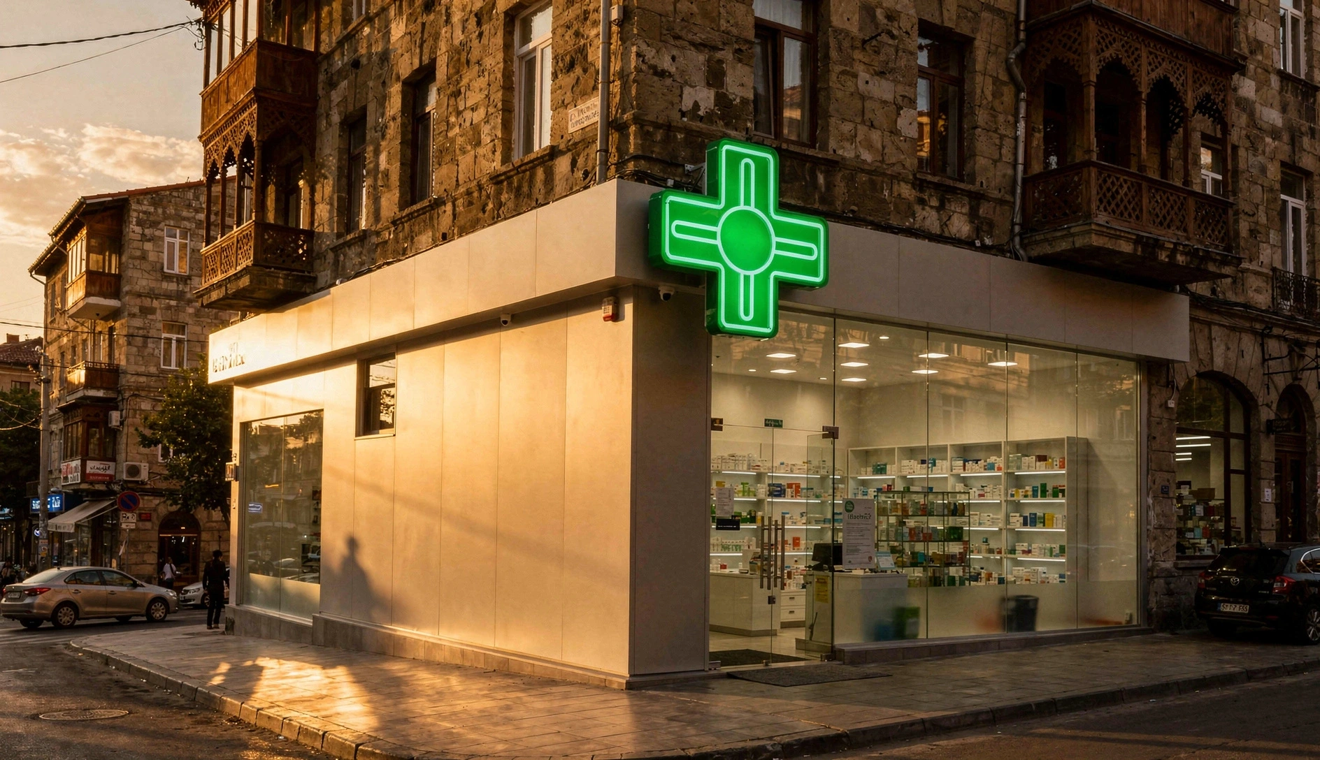 Pharmacy storefront on a Tbilisi street at golden hour with green cross sign