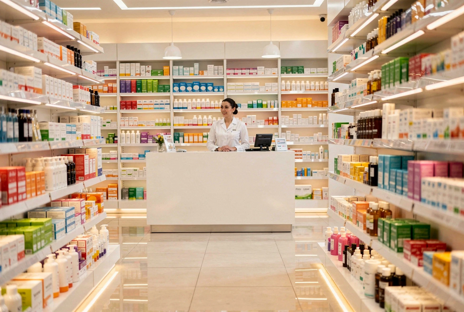 Interior of a modern pharmacy in Tbilisi with well-stocked shelves