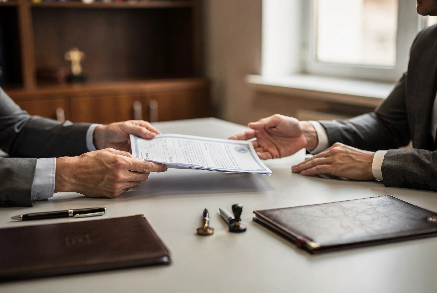 Two people reviewing and signing legal paperwork at a clean office desk