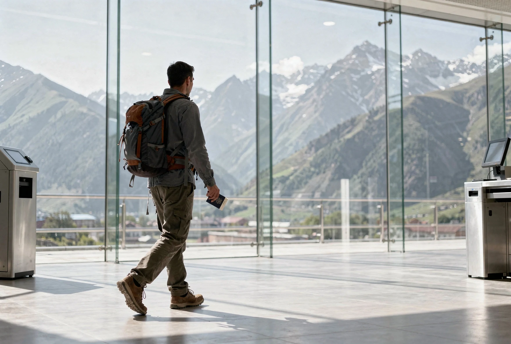 Person walking through a border crossing checkpoint with mountains visible through glass walls