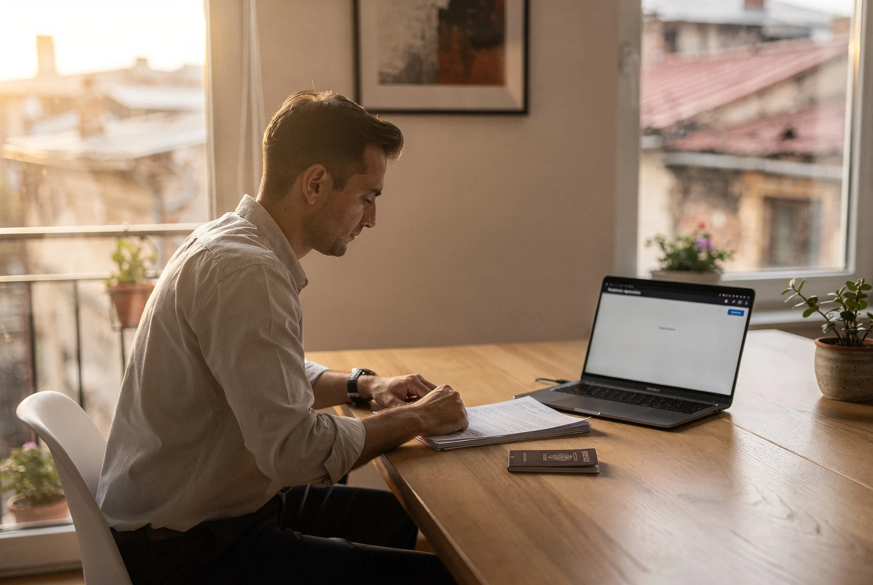 Foreigner leaving a modern public service hall in Tbilisi after submitting residence permit paperwork
